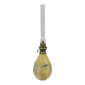 Iridescent Amber Blown Art Glass Oil Lamp With Blue Threading