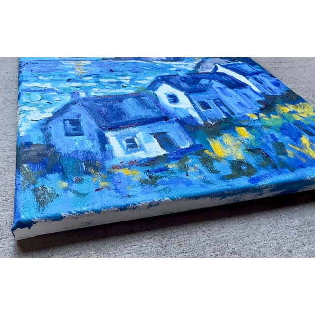 "Sunlight Over the Coastal Cottages" 12 x 12 oil on stretched canvas. Signed: Haas The artwork features a row of charming...