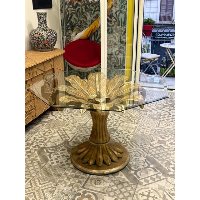 Lotus Flower Dining Table in Wood Carved with Gold Leaf and Octagonal Top in Ground Glass, 1970s For Sale - Image 4 of 11