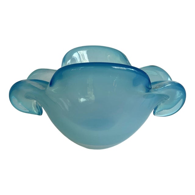 Vintage Hand-Blown Aqua Opaline Art Glass Sculptural Bowl For Sale