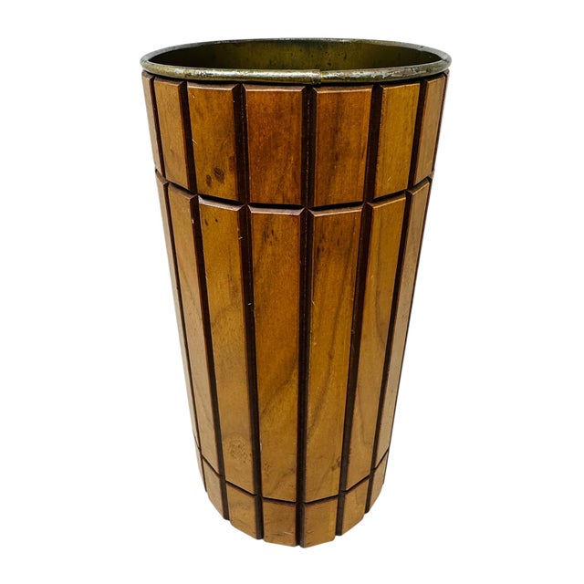 1960s Vintage MCM Gruvwood Walnut Slat Trash Can | Mid Century Modern Wastebasket National Products Louisville Ky | 1964 World's Fair House of Good Taste For Sale - Image 5 of 10