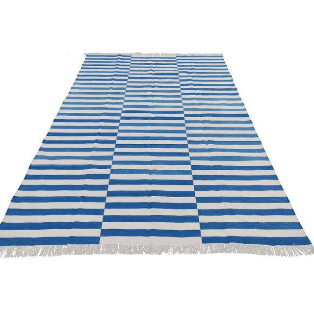 Handmade Sky Blue and White Cotton Vegetable Dyed Striped Rug - 10'x14' For Sale - Image 9 of 10