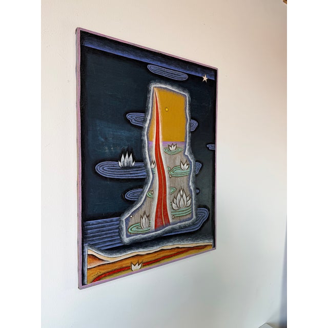 Original 1992 acrylic on canvas painting titled “Isla” by Astika. This striking surrealist composition features a floating...