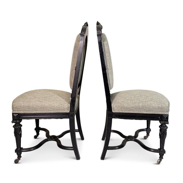 1900-1909 Set of 10 Aesthetic Movement Ebonized Dining Chairs on Casters in Performance Linen For Sale In New York - Image 6 of 12