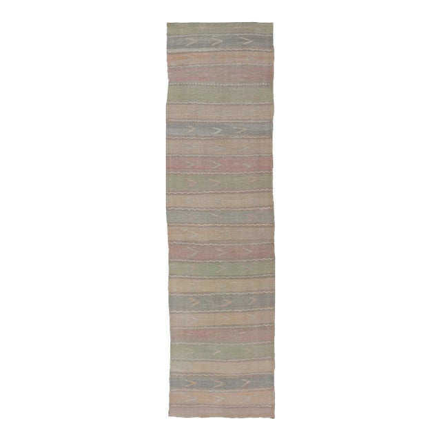 Mid 20th Century Vintage Hand Woven Turkish Kilim Runner With Stripes in Multi Soft Colors For Sale