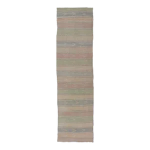 Mid 20th Century Vintage Hand Woven Turkish Kilim Runner With Stripes in Multi Soft Colors