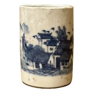 Chinese Distressed White Porcelain Blue Mountain Houses Graphic Holder Vase For Sale