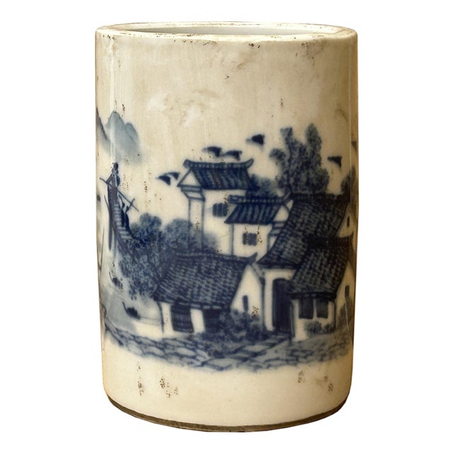 Chinese Distressed White Porcelain Blue Mountain Houses Graphic Holder Vase For Sale