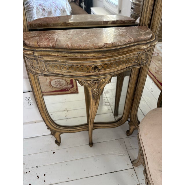 French Louis XV Style Giltwood Triptych Dressing Mirror Vanity With Marble Consoles and Matching Stool For Sale - Image 9 of 12