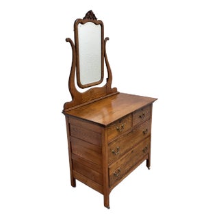 Early 20th Century Antique American Oak Wood Dresser + Mirror For Sale