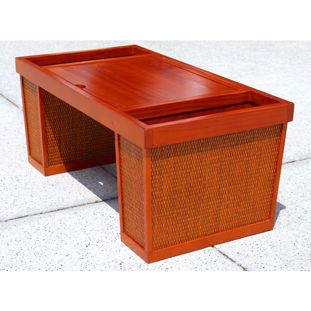 Mid-Century Modern Lift-Top Coffee Table / Vintage Bed Tray With Storage – Cane Panel Accent – 1970s For Sale - Image 4 of 14