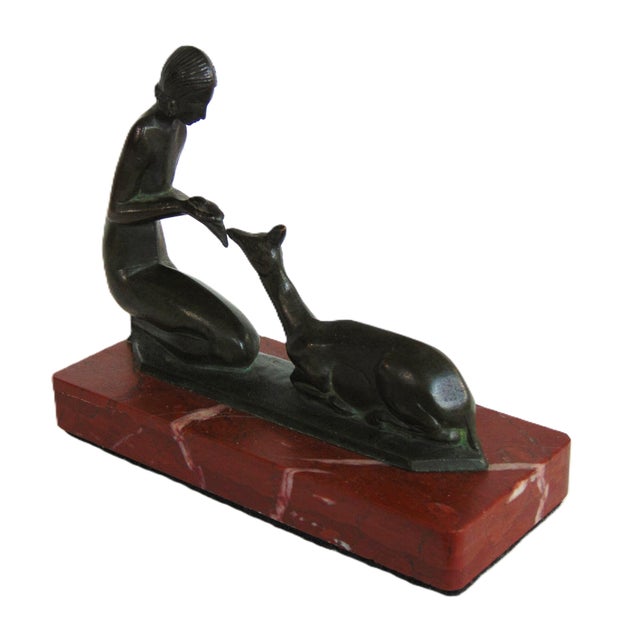 Antique Art Deco Bronze Sculpture "Woman Feeding Deer" on Red Marble Base 6.5"l X 5.5"h For Sale - Image 4 of 10
