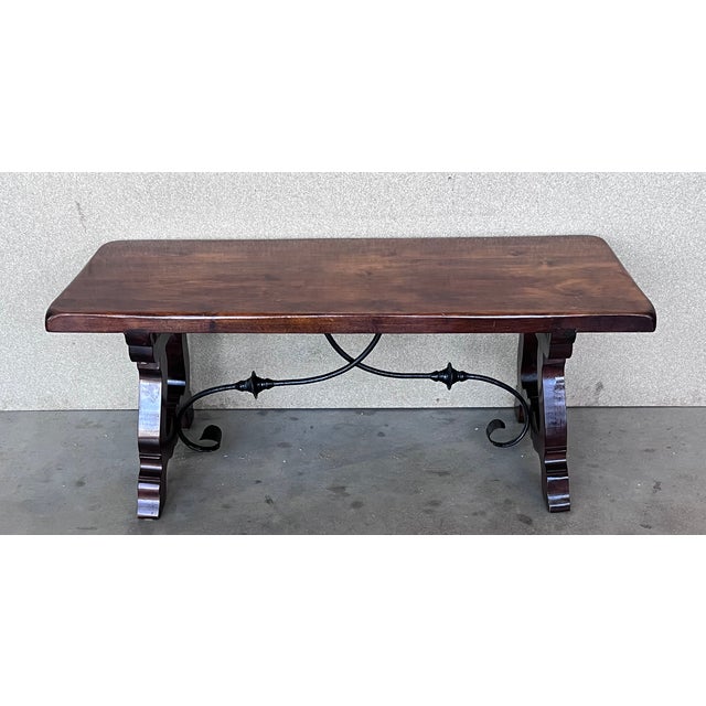 1940s 20th Century Spanish Carved Table With Iron Stretchers For Sale - Image 5 of 11
