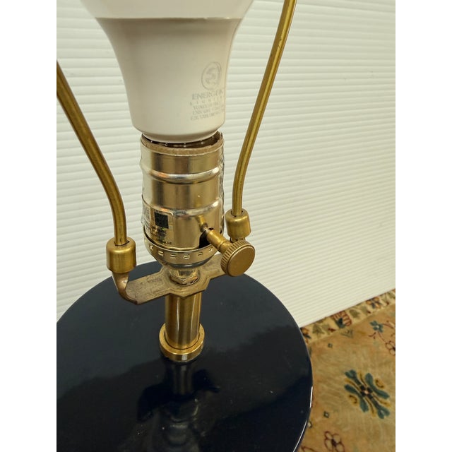 Pottery Barn Navy Ceramic + Brass Table Lamps, Pair For Sale In San Francisco - Image 6 of 12