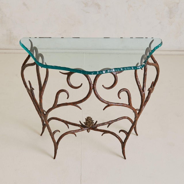 1970s French Bronze + Chiseled Glass Console Table with Pinecone Detail, 1970s For Sale - Image 5 of 10