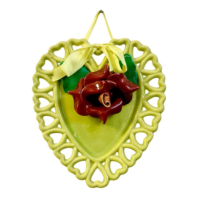 1940s Majolica Art Deco Boho Chic Valentine and Tromp L’Oeil Rose Wall Plate. For Sale