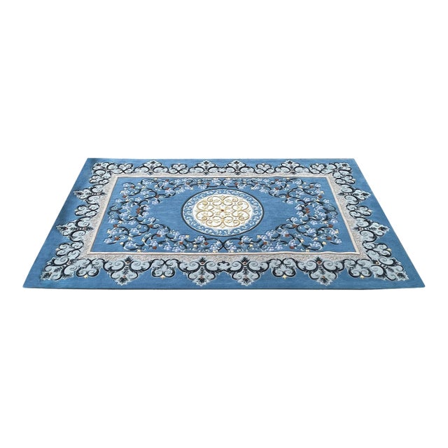2020s Large Rectangular Pastel Blue Floral Motif Graphic Wool Rug Carpet For Sale