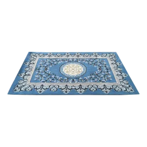2020s Large Rectangular Pastel Blue Floral Motif Graphic Wool Rug Carpet