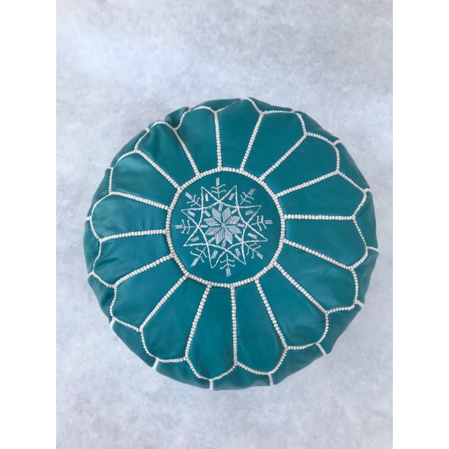 Blue Turquoise Moroccan Leather Pouf Cover For Sale - Image 9 of 9