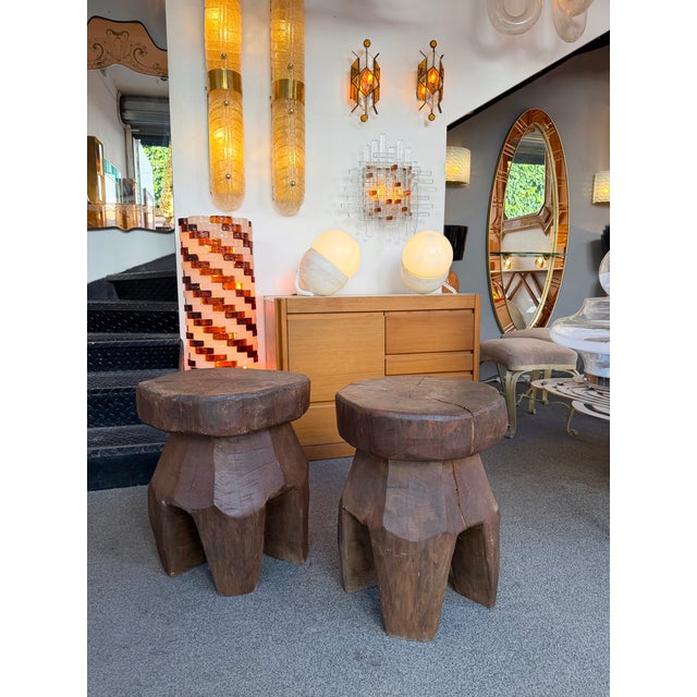 Mid-Century Modern Pair of Brutalist Massive Wood Mushroom Stools. Italy, 1960s For Sale - Image 13 of 13