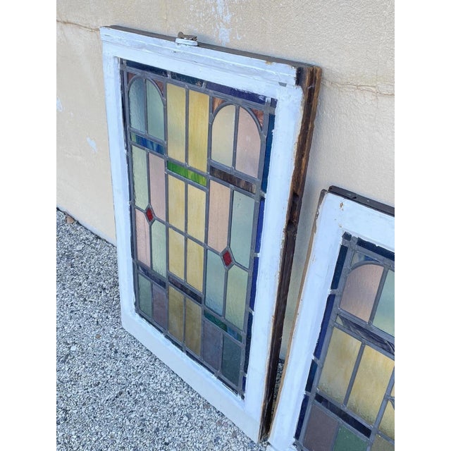 Antique Art Deco Leaded Stained Glass Pink Green Blue Yellow Windows - A Pair For Sale - Image 11 of 12