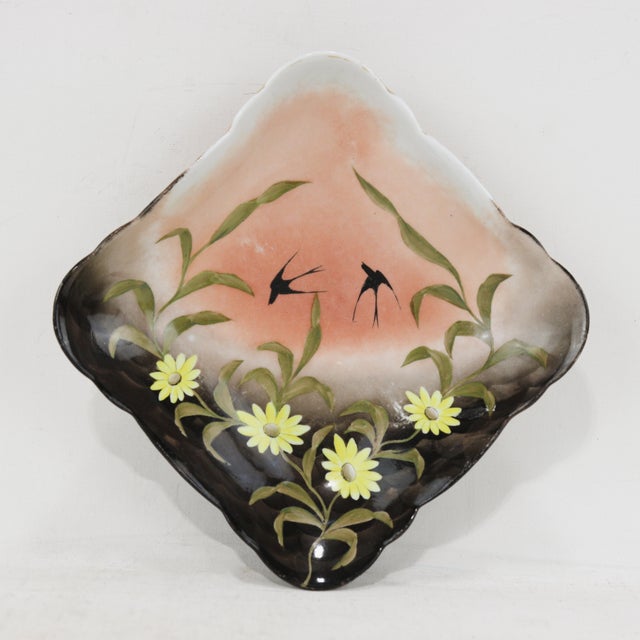 Orange Hand-Painted Porcelain Square Dish With Swallows & Floral Motif For Sale - Image 8 of 8