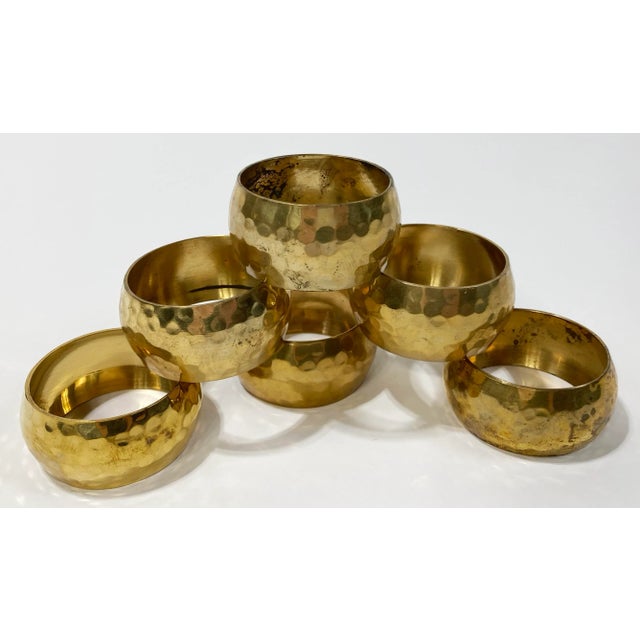 Late 20th Century Vintage Hammered Brass Napkin Rings, Set of 6 For Sale - Image 5 of 6