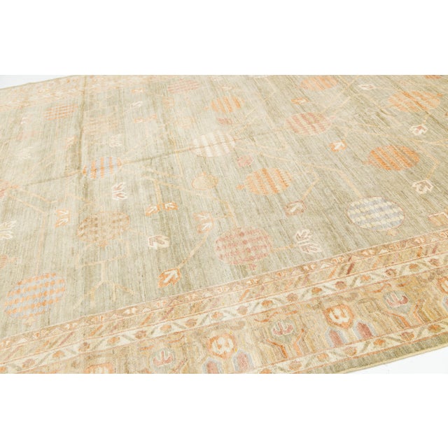 Textile Artisan Sage & Terracotta Hand-Knotted Khotan Pomegranate Wool Rug 10x14 For Sale - Image 7 of 11