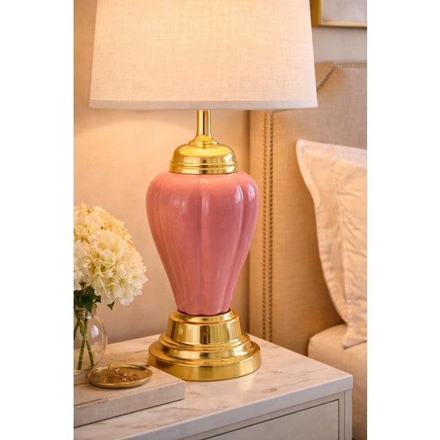 Vintage Color Block Ceramic Table Lamps — Pink & Blue Near Pair — Brass Base, Linen Drum Shades For Sale In Los Angeles - Image 6 of 8