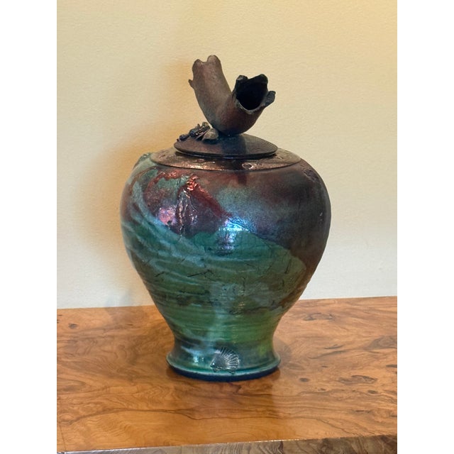 Exquisite Signed "Ryon" Large Studio Art Raku Lidded Vessel With Ceramic Branch-Like Handle With Decorative Jewel Adornment - Vintage For Sale In Baltimore - Image 6 of 12