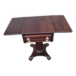 19th C Antique Empire Mahogany Drop Leaf Side Table Turned Legs For Sale