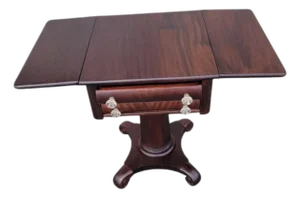 19th C Antique Empire Mahogany Drop Leaf Side Table Turned Legs