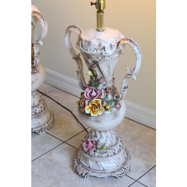 Ceramic Mid-Century Italian Capodimonte-Style Floral Porcelain Table Lamps – Pair For Sale - Image 7 of 18