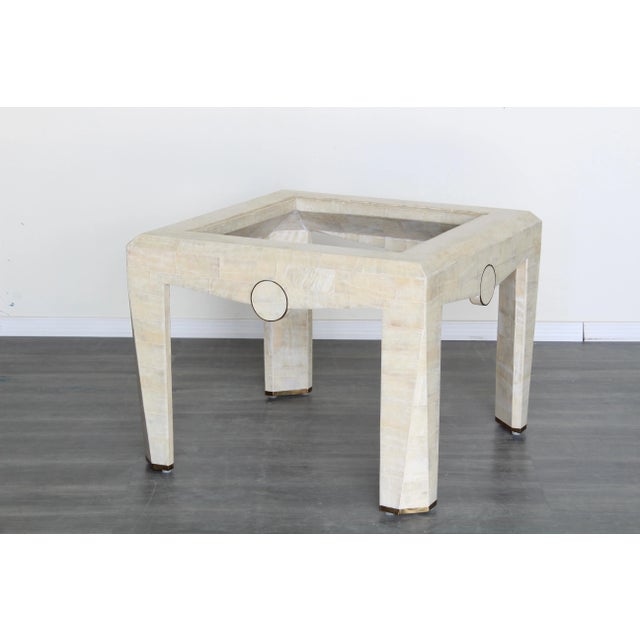 Vintage Tessellated stone side table with glass top and brass feet This table is in great vintage condition Dimensions:...