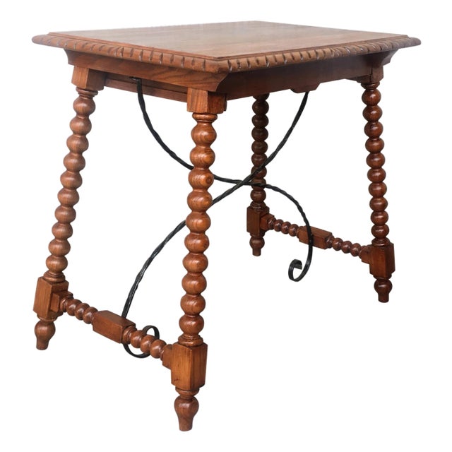 19th Century Spanish Farm Table with Iron Stretchers, Hand Carved Top and Drawer For Sale