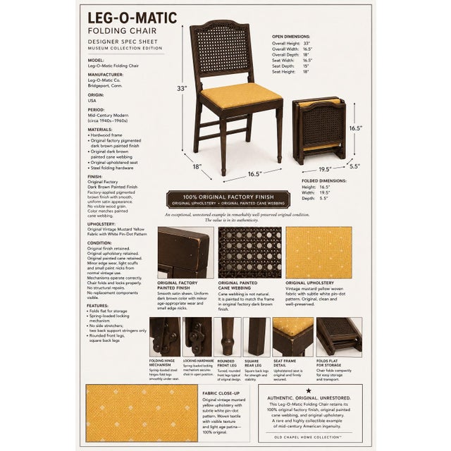 Vintage 1970 Leg-O-Matic Folding Dining Chairs – Set of Four – Original Factory Brown Painted Finish – Original Cane &...