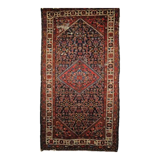 Vintage Persian Malayer Area Rug, Hand-Knotted Wool, Geometrical Pattern, 4x7, Navy & Ivory For Sale