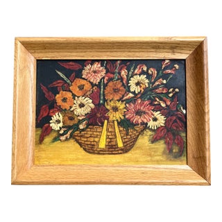 1950’s Original Folk Art Basket With Flowers Still Life Painting Oak Frame For Sale