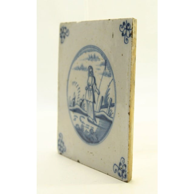 Delft Antique Dutch Delft Blue & White Tile Pastoral Landscape W Shepherdess For Sale - Image 4 of 12