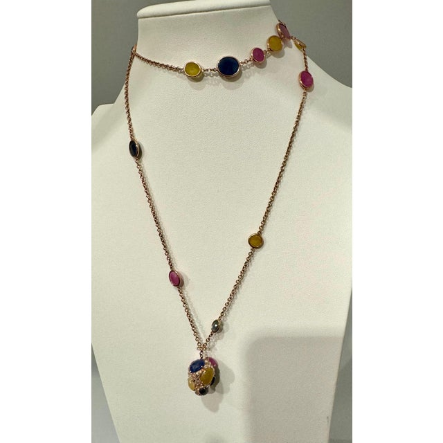 80 Ct Bezel-Set Multi-Sapphire Station Necklace & With diamonds 18kt Gold 35" L For Sale - Image 4 of 18