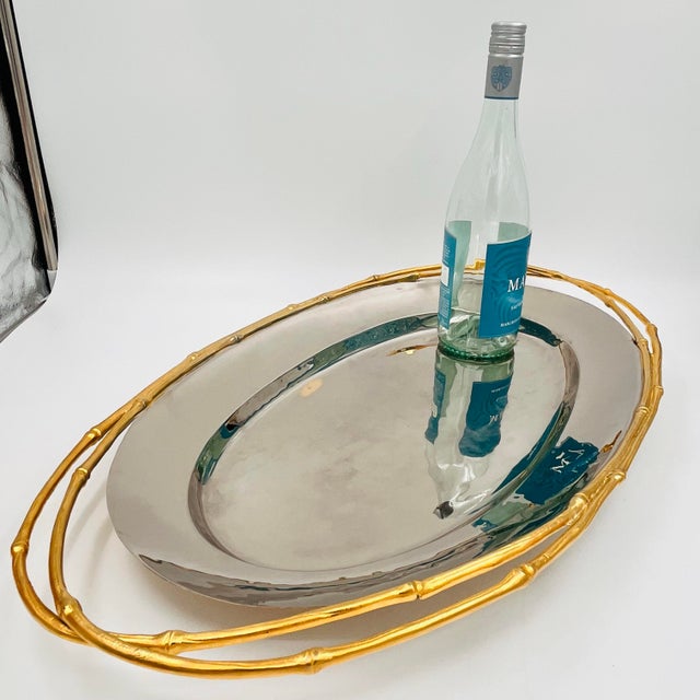 Contemporary l'Objet Contemporary 24 Karat Gold & Nickel Plated Faux Bamboo Handled 24" Oval Platter Butler's Tray For Sale - Image 3 of 17