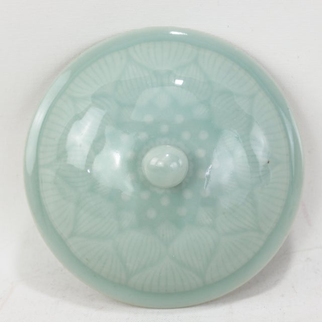 Vintage Chinese Celadon Green Lotus Flower Carved Porcelain Covered Bowl For Sale - Image 9 of 13
