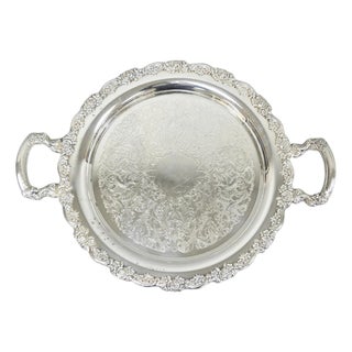 Vintage Oneida Silver Plated Round Twin Handle Serving Platter Bar Tray For Sale