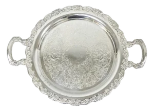 Vintage Oneida Silver Plated Round Twin Handle Serving Platter Bar Tray