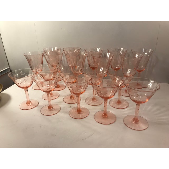 1930s Etched Pink Depression Glass Wine Glasses Stemware Set of 23