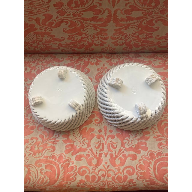 Hollywood Regency Pair of Ceramic Rope Cachepots For Sale - Image 3 of 8