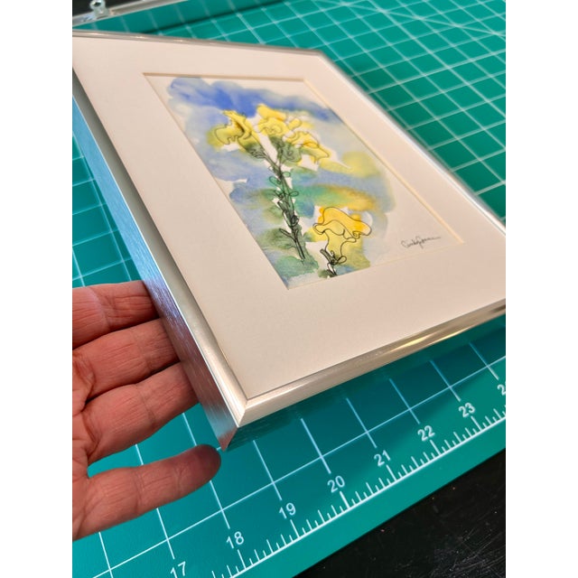 Metal Framed Original Watercolor Painting “Yellow Snapdragons” Ink and Wash For Sale - Image 7 of 7