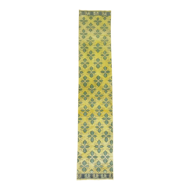 Yellow Green 20th Century Wool Handmade Turkish Konya Runner - 2'6" x 16'4" For Sale