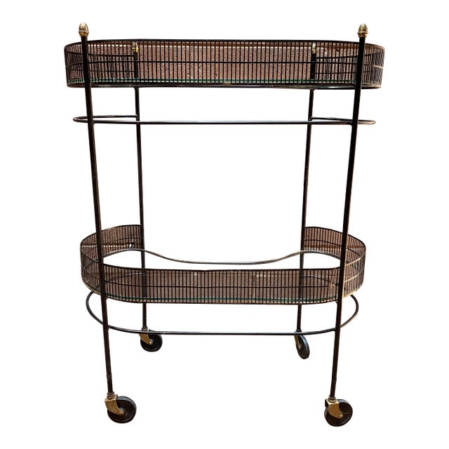 Mid Century Metal Bar Cart Trolley on Wheels For Sale