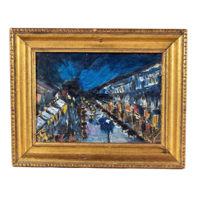 Cuca, Night Street Scene, 1950s, Oil Painting on Panel, Framed For Sale